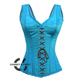 Baby Blue Satin With Front Lace Gothic Overbust Burlesque Corset Waist Training Top